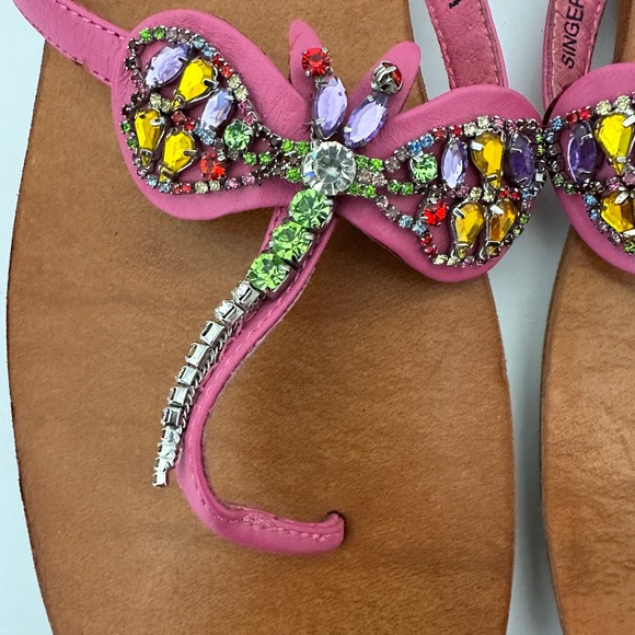 Yellow Box Singer Pink Leather Dragonfly Beaded Rhinestone Flip Flop Sandals 8.5 - Picture 2 of 7